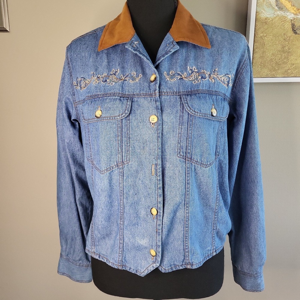 Vintage‎ Western Denim Top Womens Small Embroidered Faux Suede Collar 80s 90s